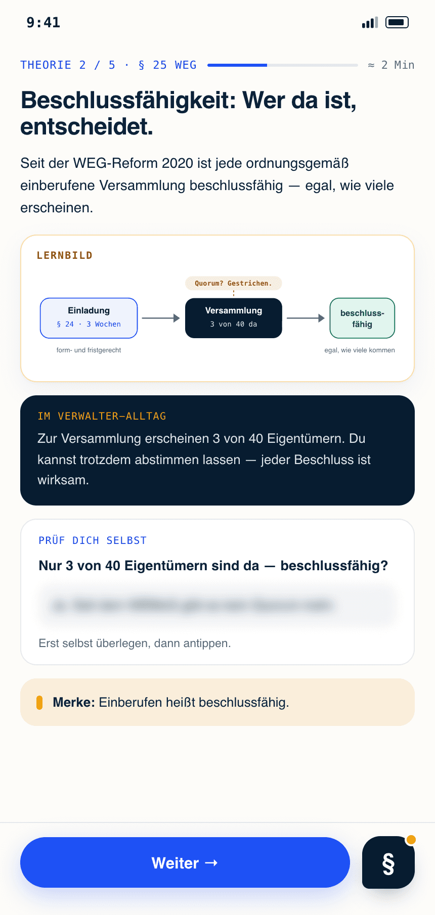 Screenshot der Lexam-App auf dem Smartphone: Theorie-Schritt einer Lektion mit Lernbild und Selbsttest.