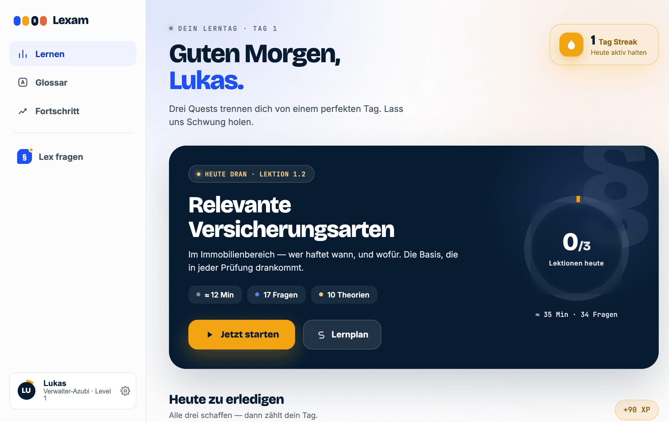 Screenshot des Lexam-Lerndashboards am Desktop: Tagesübersicht mit der nächsten Lektion, Fortschrittsanzeige und Start-Button.